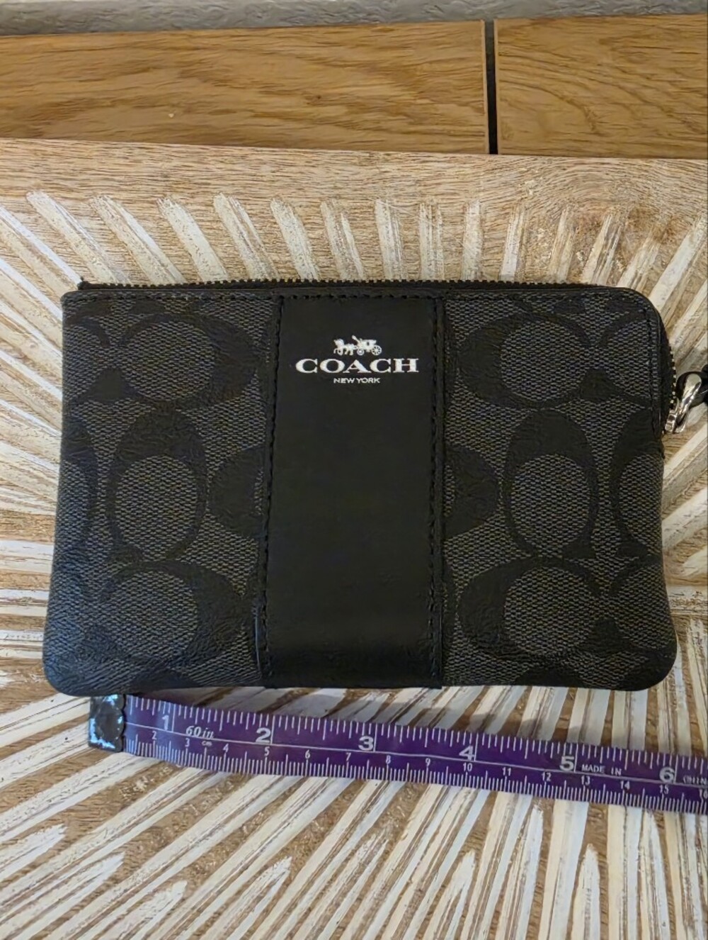 Coach Black Signature Wristlet with Logo Panel